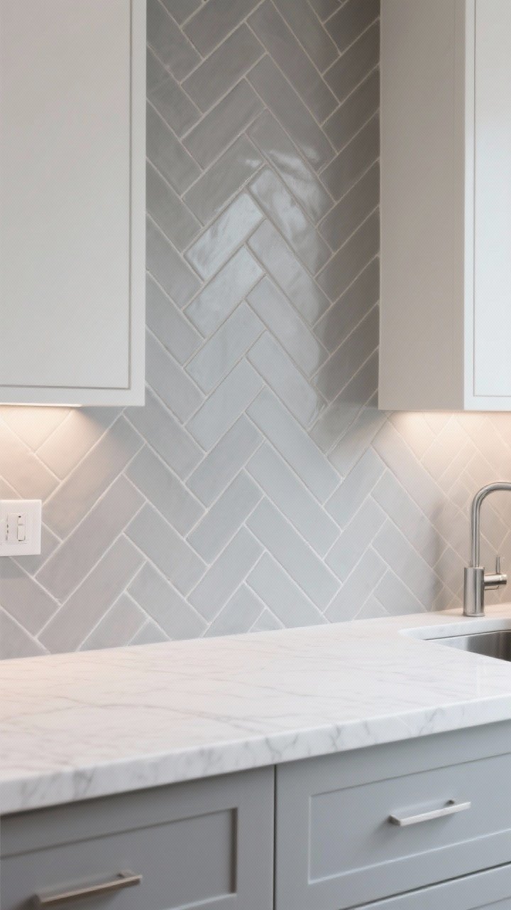 Medium shot of a herringbone backsplash laid with slim 2x8 matte ceramic tiles in a neutral light gray, installed in straight herringbone parallel to the countertop; paired with a calm white quartz counter; understated grout for subtle pattern; transitional styling with simple fixtures; gentle task lighting adds movement without chaos; no people.