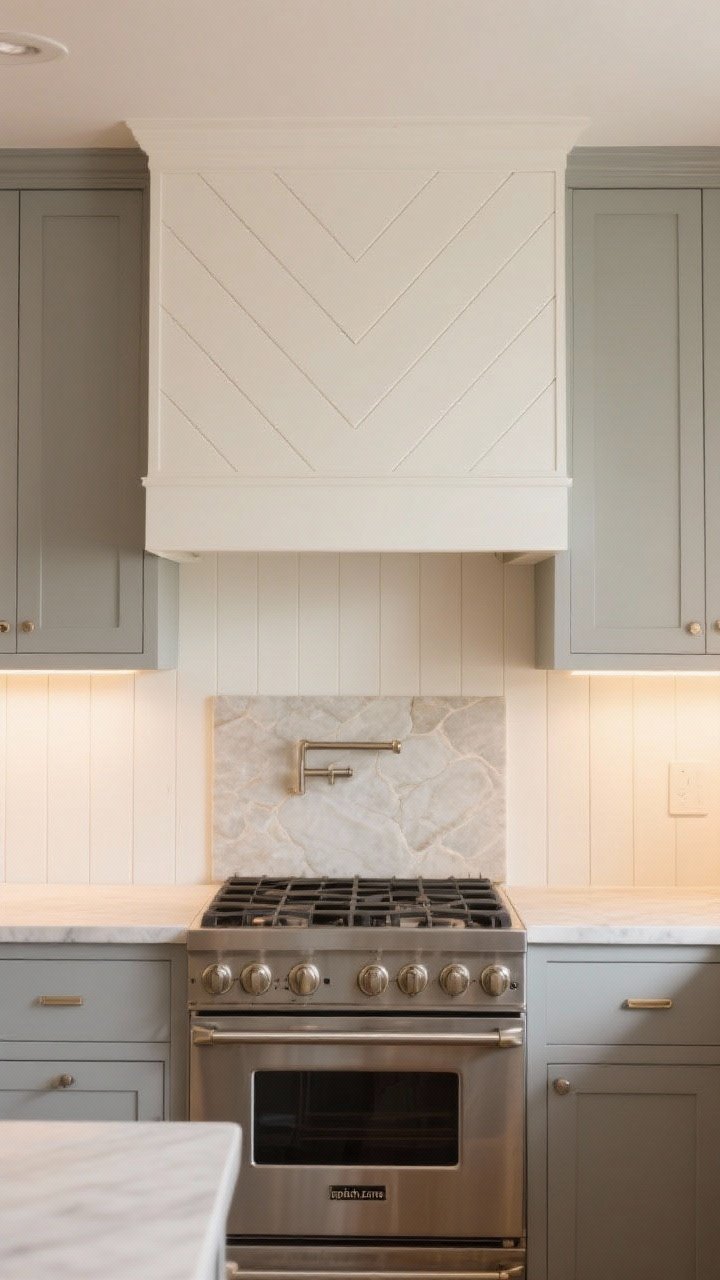 Medium shot of a kitchen wall clad in painted V-groove paneling (shiplap style) in a soft warm white, semi-gloss finish for wipeable durability; behind the range, a small slab “splash zone” of light stone contrasts the paneling elsewhere; include moisture-resistant trim details and simple gray cabinetry; cozy cottage mood under warm under-cabinet lighting; camera straight-on to showcase panel lines and clean terminations.