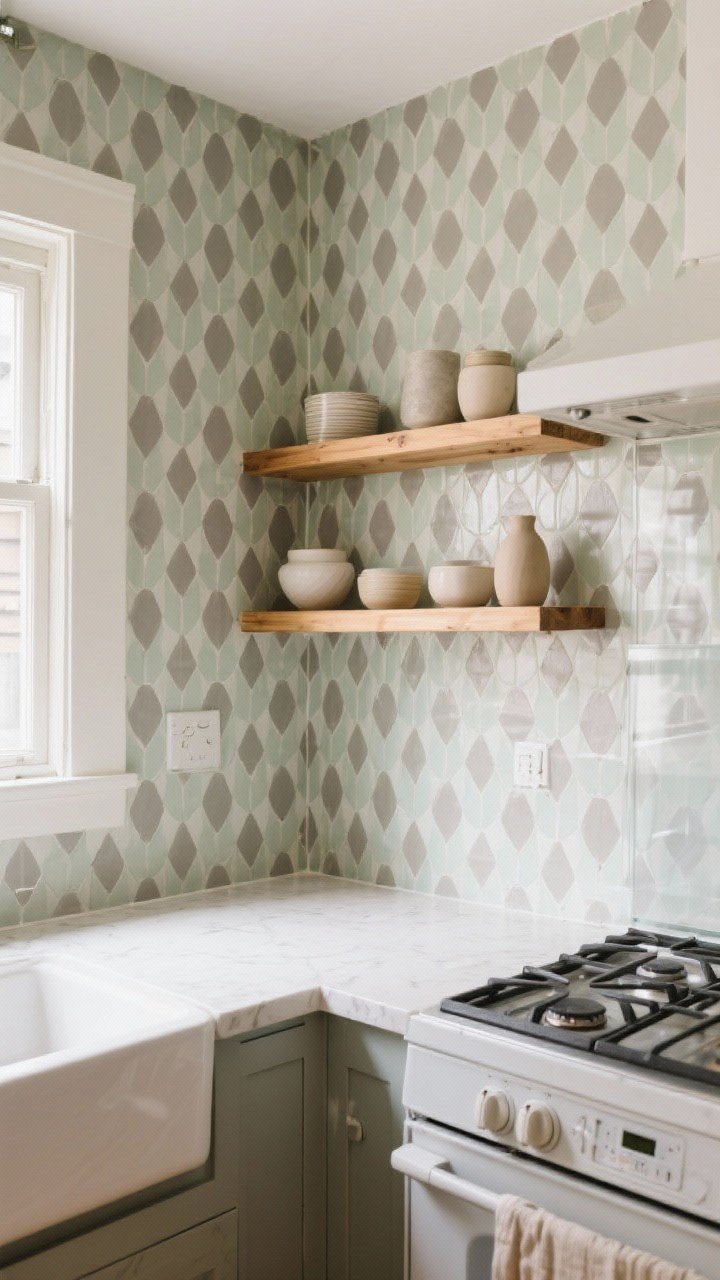 Medium shot of a kitchen wall with mood-boosting wallpaper as a backsplash: a medium-scale geometric pattern in soft sage and warm gray, paired with open wooden shelves styled with neutral ceramics. Near the cooktop, a clear acrylic panel protects the patterned wallpaper; near the sink, the wallpaper is a washable vinyl type. Natural daylight from the left, balanced composition, renter-friendly feel.
