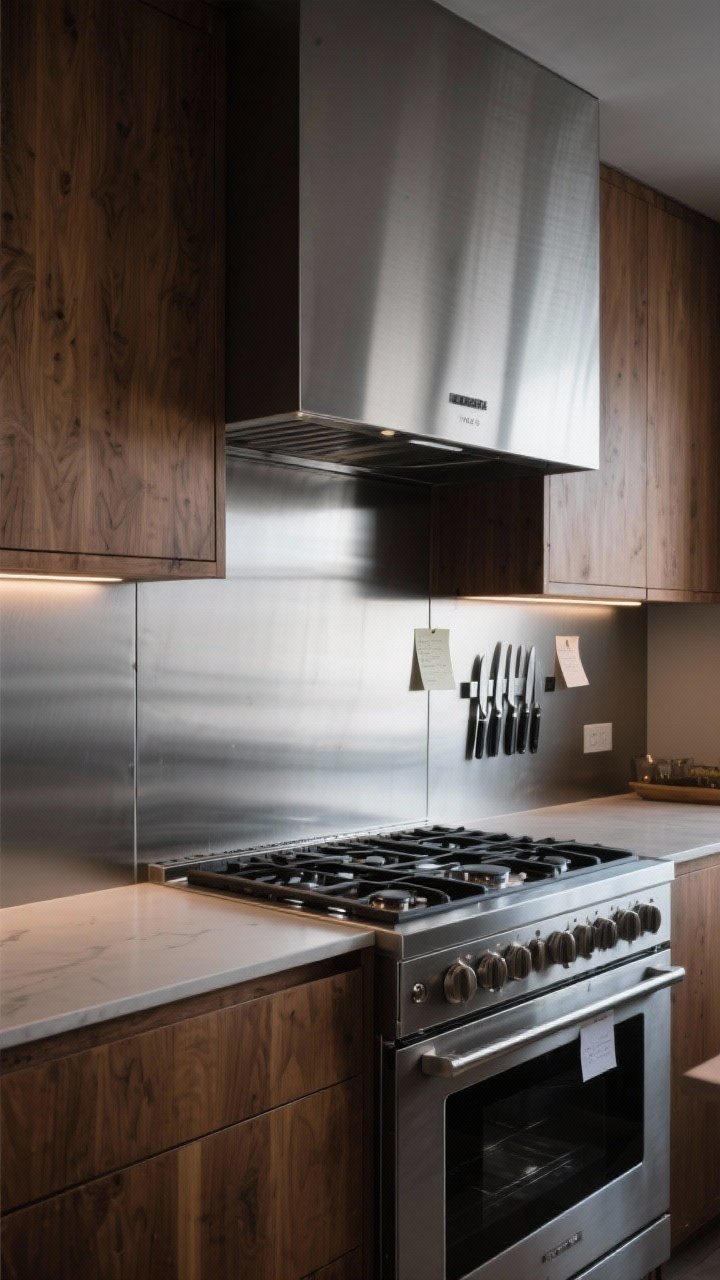 Medium shot of a modern-industrial kitchen zone with brushed stainless steel panel backsplash behind a range, showing subtle grain that hides fingerprints, magnetic knife strip and a couple of notes on the steel, paired with warm wood cabinets to soften the look, slightly moody task lighting glancing across the metal, angled three-quarter view to emphasize durability and easy-wipe surface