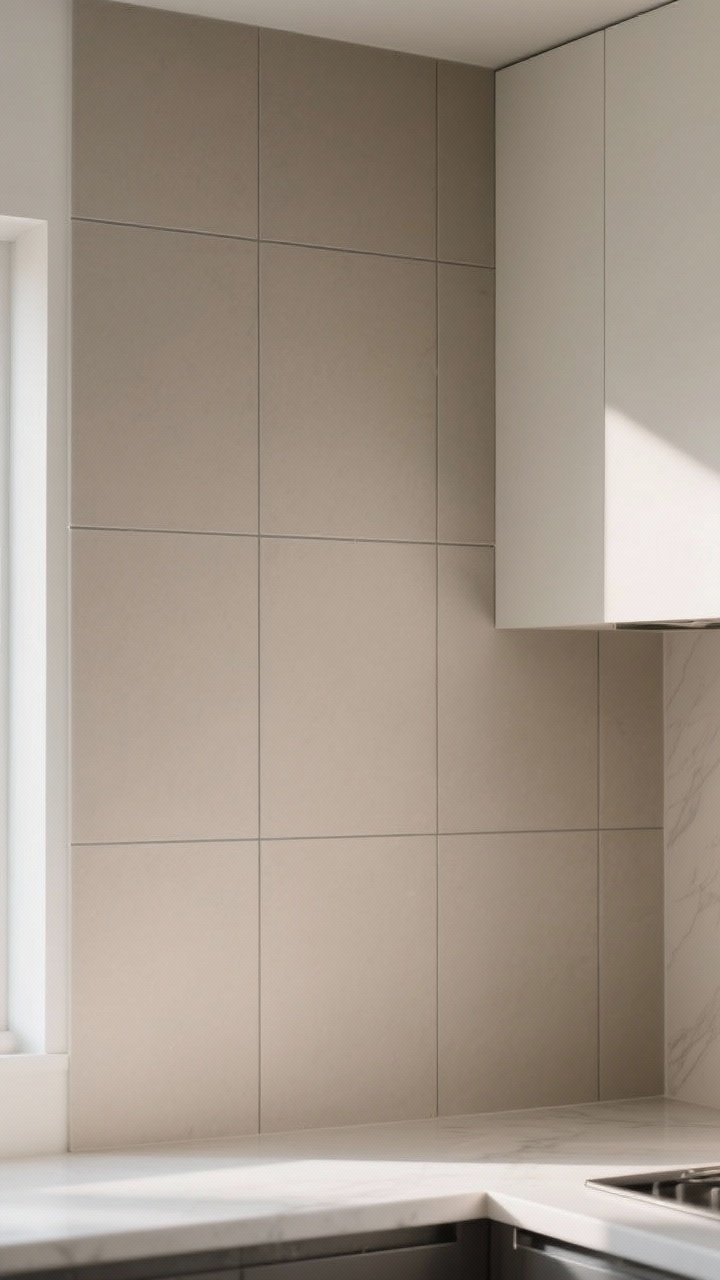 Medium shot of a modern kitchen wall clad in large-format rectified porcelain tiles (12x24) laid in a vertical stack, ultra-narrow 1/16" grout joints in stain-resistant light gray epoxy, matte porcelain finish in warm greige, single tile replaced stack visually possible, clean lines and budget-friendly vibe, soft diffused daylight, angled corner perspective to show fewer grout lines