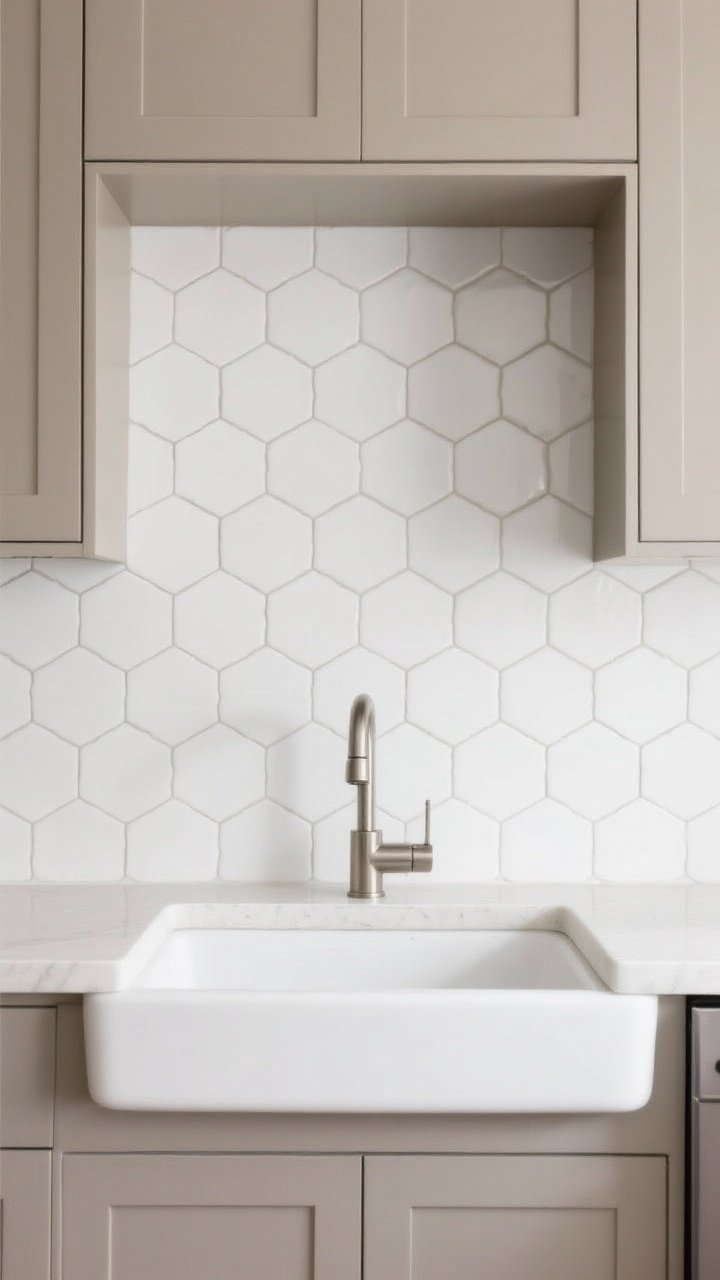 Medium shot of a neutral kitchen backsplash in mid-size 3-inch hexagon tiles, white and soft gray tones with matching grout for a calm, timeless look; a gentle mix of matte and subtle gloss tiles adds dimension; include simple taupe cabinets and a brushed nickel faucet over a white sink; soft, even daylight; camera straight-on to emphasize the hex geometry without visual clutter.
