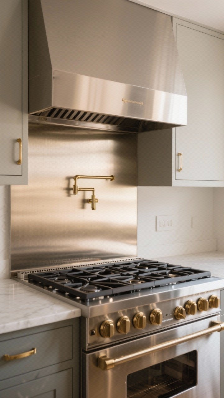 Medium shot of a range zone with a brushed champagne-toned stainless steel backsplash panel only behind the cooktop as an accent zone; fingerprint-resistant finish, warm light reflecting softly; brushed brass hardware matched in undertone; surrounding wall in matte paint to keep balance, minimal patina visible for character, no mirror shine