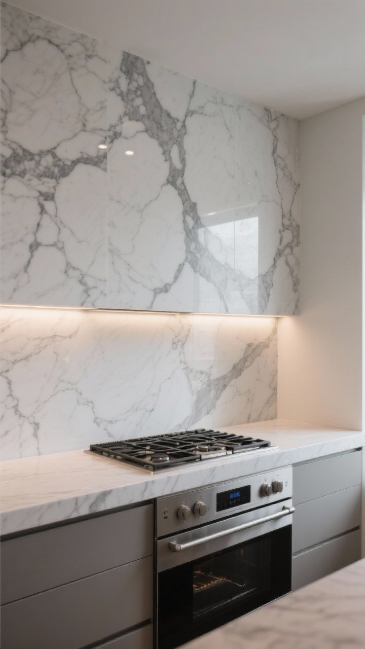 Medium shot of a sleek kitchen range wall featuring a continuous marble-look quartz slab backsplash that matches the countertop, with dramatic veining running seamlessly from counter up the wall; include a short 8-inch slab lip behind the range for emphasis; under-cabinet lighting casts a soft glow to highlight the veins; finishes minimal and modern, neutral palette; perspective: slight corner angle.