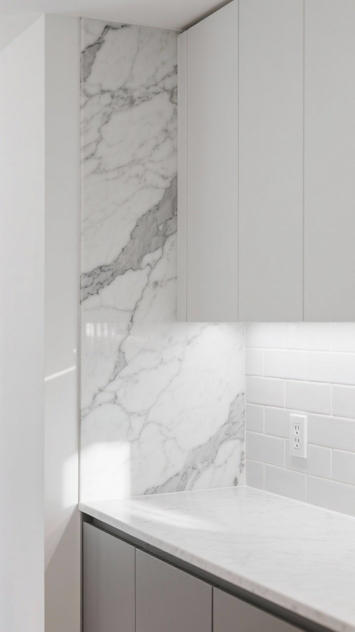Medium shot of a statement backsplash wall running full height to the ceiling: a continuous marble-look quartz slab with subtle gray veining that matches the countertop for a seamless editorial look. Adjacent area shows stacked vertical white porcelain tiles with minimal grout lines as a secondary vignette. Under-cabinet plugmold concealed beneath sleek upper cabinets; paint-matched outlet cover nearly invisible on the slab. Bright, even daylight with slight sheen on the slab surface, corner angle, photorealistic.