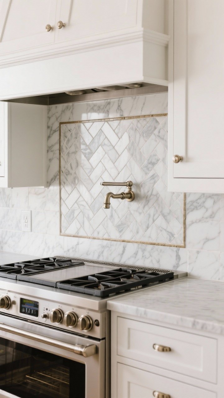 Medium shot of a stove wall featuring a marble herringbone mosaic backsplash used as a framed feature panel behind the range, subtle gray veining providing soft pattern, simple white shaker cabinets and solid quiet quartz counters surrounding, polished nickel pot filler and knobs, balanced warm natural daylight, edges neatly finished, overall tailored and timeless with the backsplash as the “art” focal point