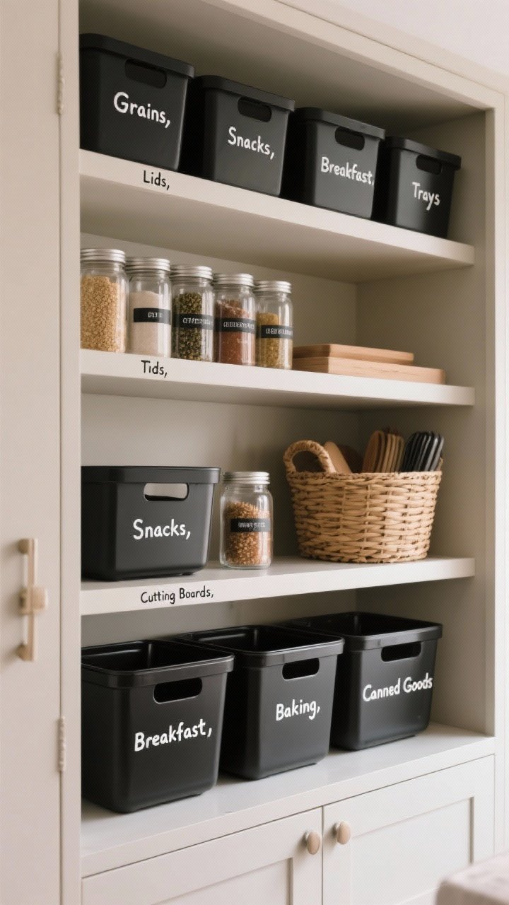 Medium shot of a styled cabinet interior emphasizing labeling and cohesion: bins and baskets labeled “Grains,” “Snacks,” “Breakfast,” “Baking,” and “Canned Goods”; matching spice jars with top-and-front labels; shelf dividers marked “Lids,” “Cutting Boards,” “Trays”; consistent minimalist font, mix of black and clear bins for a sleek look, one woven basket adding warmth; neutral palette, soft ambient light