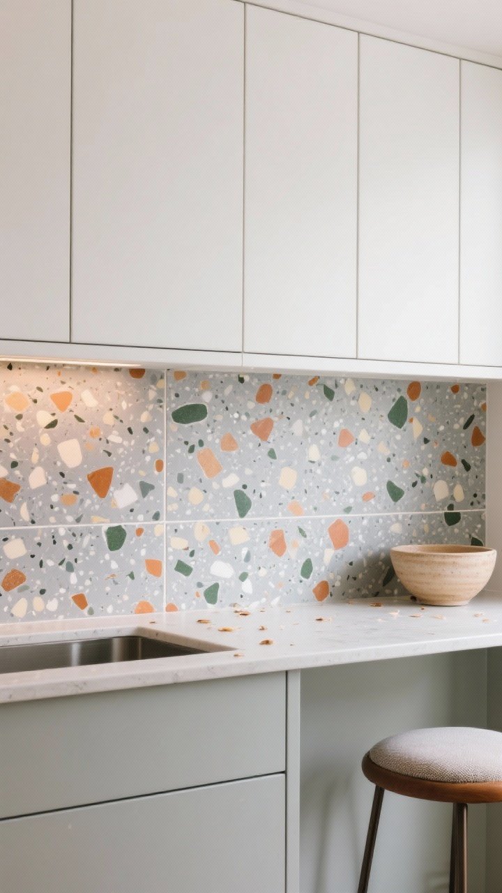 Medium shot of a terrazzo tile backsplash with medium-to-large multicolor chips (soft gray base with speckles of terracotta, sage, and cream); flat-front cabinet fronts in matte white; countertop accessories subtly pull the terracotta accent color (e.g., a ceramic bowl, barstool cushion peeking in frame); ambient light hides crumbs and splatters; mood: playful but refined; angle: slight overhead and frontal hybrid to showcase chip texture.