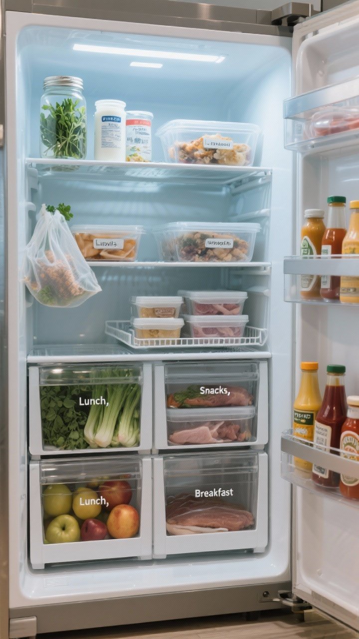 Medium shot of an open, well-zoned refrigerator: top shelf with ready-to-eat foods—labeled jars of herbs in water, yogurt, and leftovers in clear containers; middle shelves hold meal-prep boxes and proteins corralled on a drip-catching tray; crispers divided—veggies left with breathable produce bags, fruit right; door lined with condiments only; clear bins labeled “Lunch,” “Snacks,” “Breakfast” and a lazy Susan for sauces; subtle cool LED interior lighting; straight-on, clean and grocery-pro style.