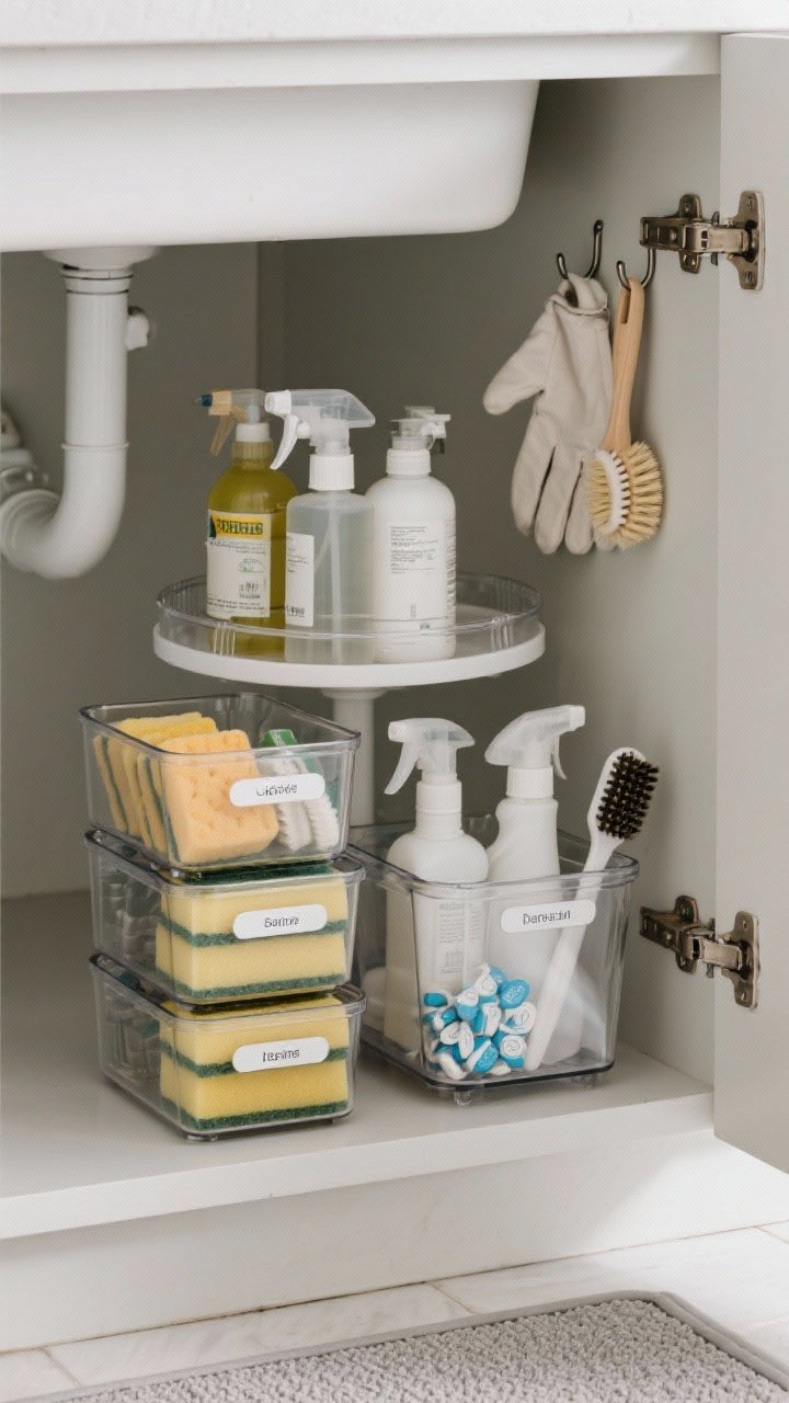 Medium shot of an under-sink cabinet transformed: stacking bins categorize sponges, dishwasher tabs, and brushes; a clear turntable holds spray bottles for easy spin; a transparent caddy corrals daily cleaners for one-grab access; a clean mat/liner protects the base. Neutral, refillable bottles with minimal labels replace loud packaging; adhesive hooks on the inside door hold gloves and a scrub brush; simple clear-font labels on bin fronts. Cool, even lighting, tidy and serene.