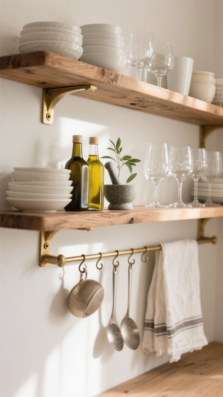 Medium shot of curated open shelving: thick oak planks with brass brackets holding neatly arranged everyday ceramics in whites and neutrals, sparkling glassware that catches light, a couple of beautiful olive oil bottles, a mortar and pestle, and a single small plant; a rail with S-hooks beneath for ladles and linens; tight, restrained color palette; warm afternoon light, seen from a slight angle to show depth.