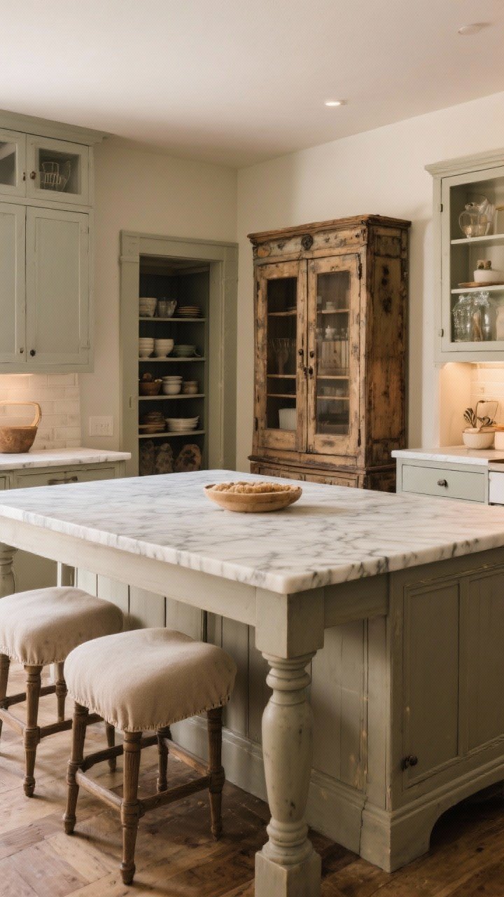 Medium shot of furniture-style elements: a marble-topped baker’s table used as an island with legs and a lower shelf, styled simply; an antique armoire converted into a pantry along the wall; upholstered counter stools in linen for softness; mix of built-ins with freestanding pieces to feel collected, not matchy; warm, lived-in lighting, shot from a 3/4 angle to highlight depth and variety.