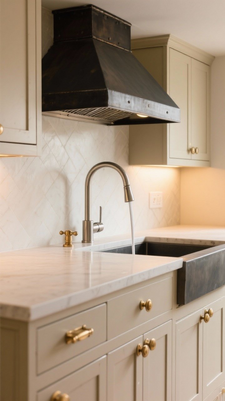 Medium shot of hardware, faucet, and lighting zones: a beige kitchen vignette showing mixed metals by zone—unlacquered brass cabinet pulls and latches, a brushed nickel pull-down faucet at the sink, and a blackened steel pendant canopy over the island; all in brushed/satin finishes; include vintage-style rounded knobs; warm ambient lighting for a polished yet layered look.