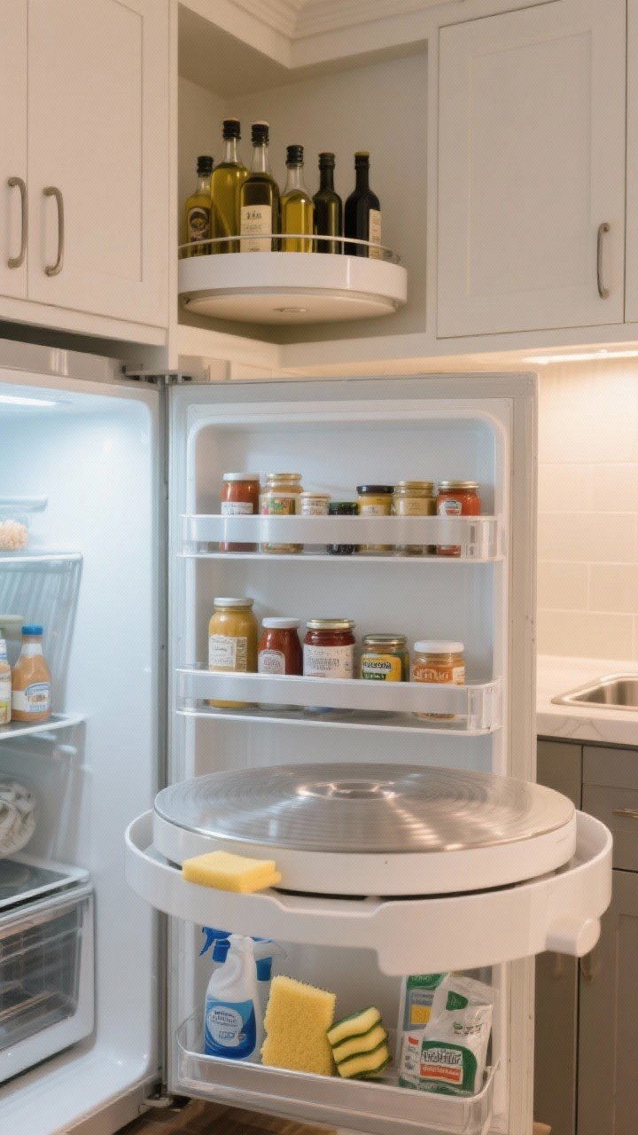 Medium shot of lazy Susans in three locations: in a corner upper cabinet holding oils and vinegars with a raised lip; inside the fridge on a shelf for sauces, spreads, and jars; under the sink with cleaners, sponges, and dishwasher tabs. Photorealistic materials with a slight sheen on the turntables’ edges, practical lip detail to prevent bottles from falling, cool fridge lighting contrasted with warm cabinet lighting, clean and clutter-free.