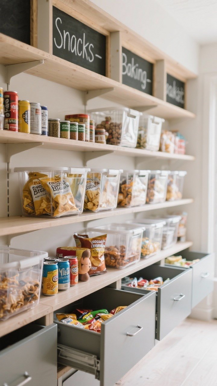 Medium shot of shelves with bins chosen for purpose: deep clear bins filled with chip and snack bags, shallow bins lined with cans and spice packets, open-front bins at kid eye level for grab-and-go snacks, and drawer-style pull-out bins on deep shelves; category labels (Snacks, Baking, Breakfast) in clean typography; a few chalkboard labels for flexible categories; neutral palette with transparent bins for visibility; evenly diffused lighting for clarity and a practical, hardworking vibe.