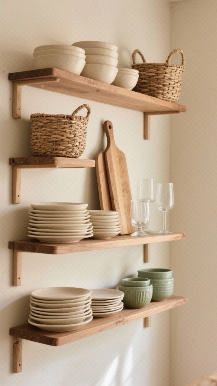 Medium shot of styled open shelves against beige walls: warm wood floating shelves holding stacks of cream stoneware plates and bowls, tall cutting boards for height, woven baskets for texture, clear glassware, and a restrained accent color in sage ceramics; practical yet curated; soft natural side light.