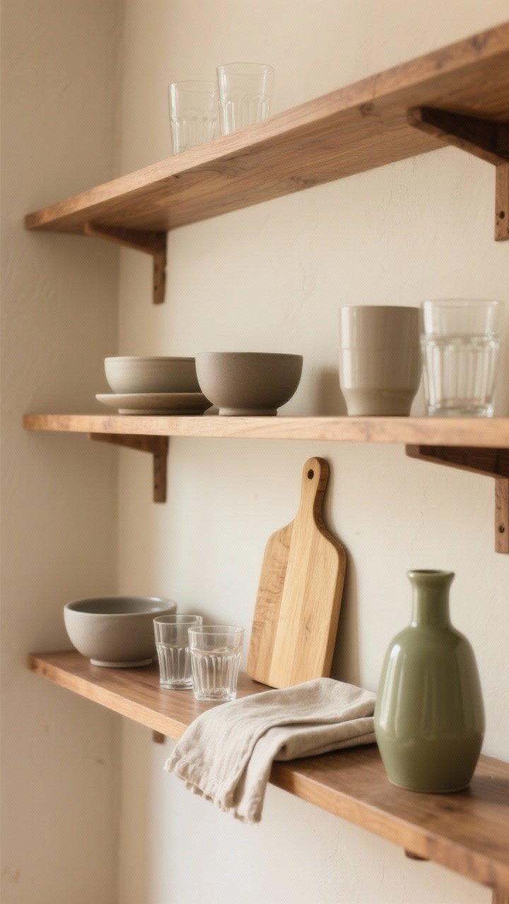 Medium shot of styled open shelves: Warm wood open shelving against beige walls, arranged with matte ceramic bowls, clear glassware, a blond wood cutting board, soft linen napkins, and a single sage accent vase. Vary heights and repeat shapes (two bowls, two mugs, two glasses). Daily-use items on lower shelf, decor higher. Soft daylight for a calm, intentional look.