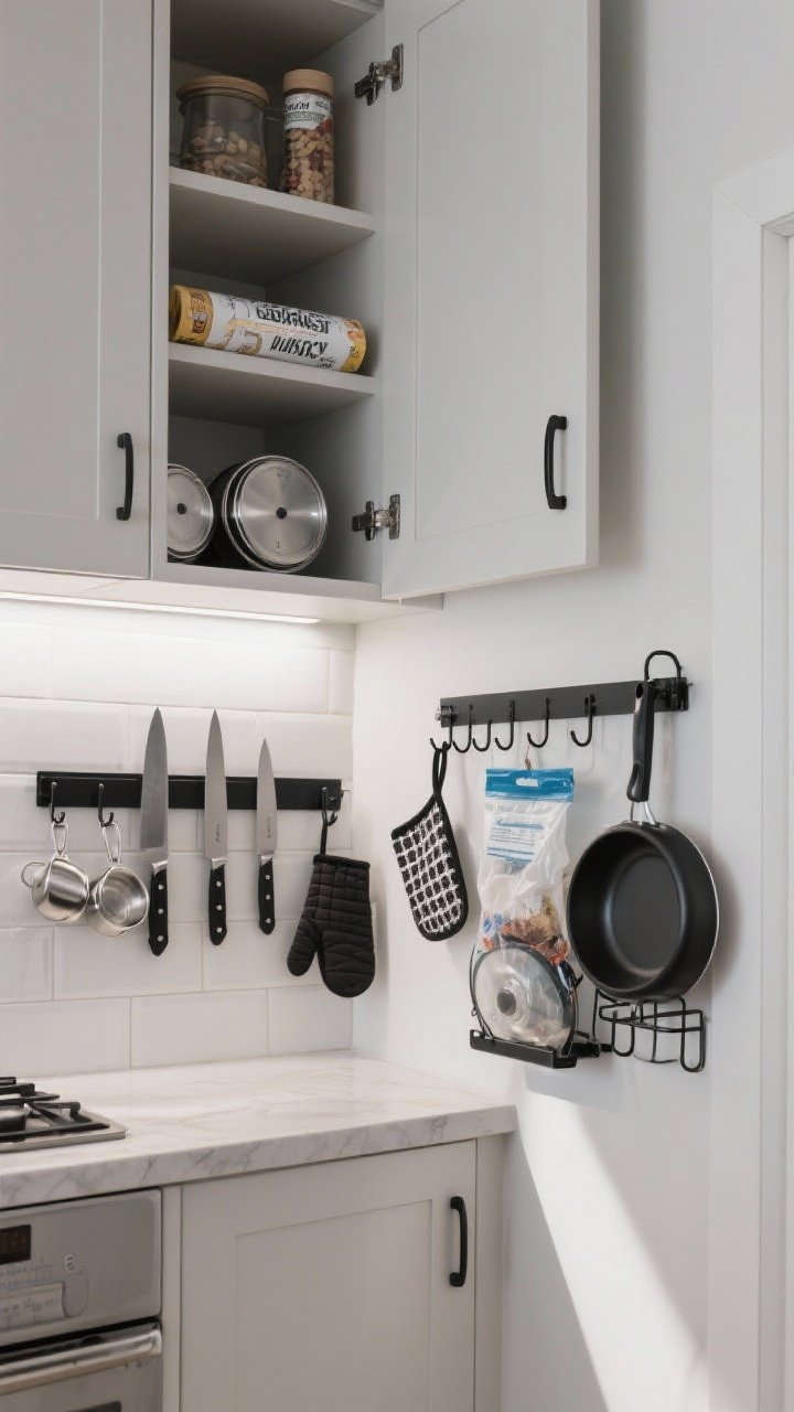 Medium shot of vertical storage on a kitchen wall and cabinet doors: a magnetic strip mounted on a tiled backsplash holding chef’s knives and a few metal lids; inside a nearby cabinet door, adhesive hooks organize measuring cups, oven mitts, and potholders; an over-the-door pantry rack holds wraps, foils, and zip bags; a mounted pan lid rack tames lid clutter; matching matte black hardware for cohesion, bright task lighting with subtle shadows, clean contemporary vibe.