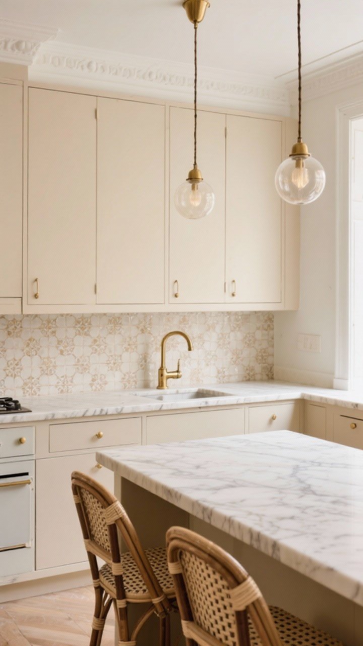Medium shot, Parisian-café inspired beige kitchen with beige cabinetry, soft cream walls, polished brass bridge faucet, brass globe pendants over a narrow island, and a marble (or subtle-veined quartz) countertop; creamy handmade zellige tile backsplash with slight variation; Parisian bistro stools with cane seats; refined, elegant mood under warm white lighting; straight-on view, photorealistic.