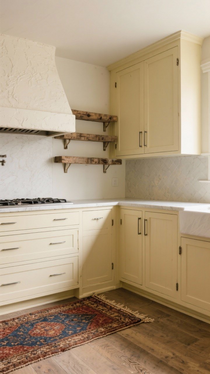 Medium shot: Rustic-meets-refined kitchen corner—shaker cabinets painted a warm not-too-yellow beige, reclaimed wood open shelves with visible patina, thin modern hardware for a fresh contrast, and a plaster-look range hood in cream; on the floor, an antique-look runner in rust, indigo, and tan anchoring the scene; blend of old-world charm with modern lines, softly lit.