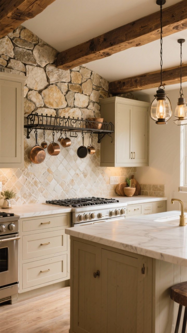 Medium shot, rustic-modern beige kitchen featuring beige base cabinets, a tumbled limestone backsplash and partial stacked stone feature wall, exposed wood beams painted warm taupe, and iron elements: wrought iron pot rack and lantern pendants; natural stone and wood textures feel durable and cozy; warm, slightly golden lighting; angled perspective from island corner, photorealistic.