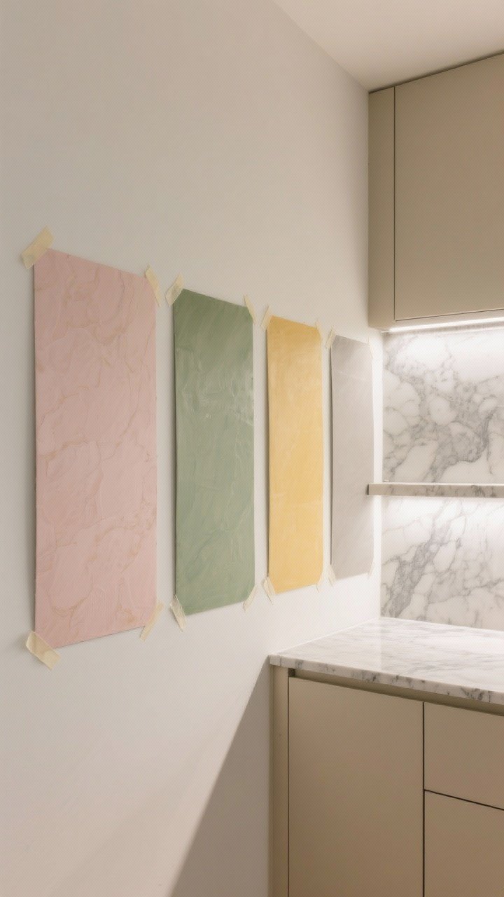 Medium shot: Side-by-side wall view of large painted poster board samples showing different beige undertones (pink, green, yellow, greige) taped near a beige cabinet and cool-gray veined countertop. Include LED and halogen task lights casting different warmth on the samples. Emphasize greige coordinating with the cool-gray stone. Photorealistic color accuracy, indoor ambient lighting.