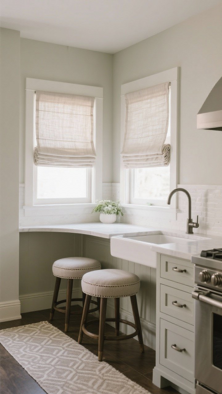 Medium shot, soft side angle: Layers of softness in a kitchen nook—linen Roman shades filtering light, upholstered counter stools with performance fabric seat cushions at a rounded-corner island; matte wall paint and matte hardware reducing shine; a subtle, washable low-pile runner by the sink featuring a gentle tone-on-tone pattern.