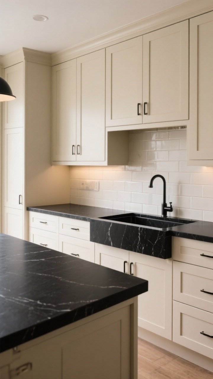 Medium shot, sophisticated contrast: putty beige cabinets with clean lines, honed absolute black granite countertops with a velvety matte finish, cream subway or beadboard backsplash to lighten the scene, optional island with black granite waterfall edge, chrome or black hardware, balanced warm-cool lighting; photorealistic, angled view to show the waterfall detail.
