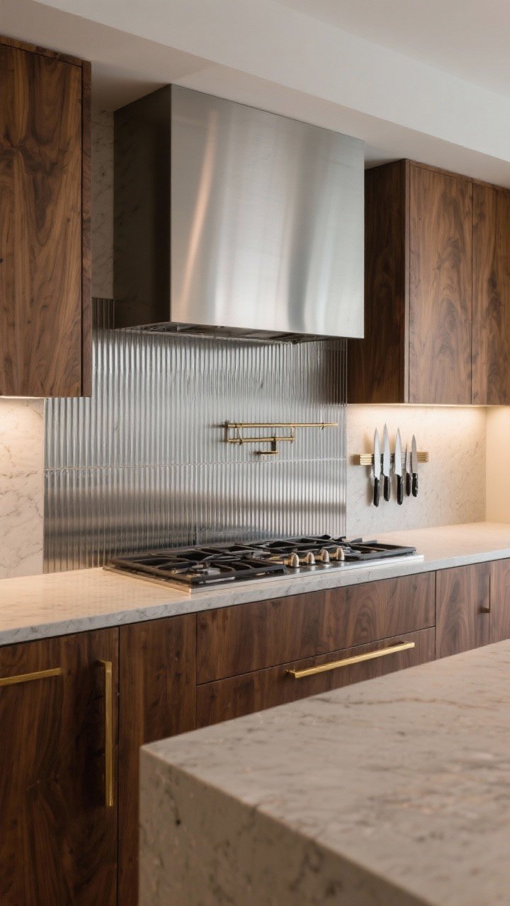 Medium shot: Statement metal backsplash in brushed stainless slab with ribbed panel detail behind the cooktop, flanked by walnut cabinets and a pale stone countertop; include a slim brass ledge rail and a magnetic strip holding knives for functional flair. Soft, directional lighting to reveal the brushed texture and ribbing while minimizing fingerprints; photorealistic, three-quarter perspective with modern edge.