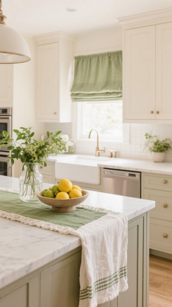Medium shot, straight-on: Beige kitchen styled with soft neighboring neutrals and one accent color—cream and ivory textiles, a stone-toned runner, and sage green elements as the singular accent via a roman shade and tea towels; add fresh greenery in a counter vase; include a simple fruit bowl with seasonal lemons for a subtle swap; bright but warm daylight to keep the palette harmonious.