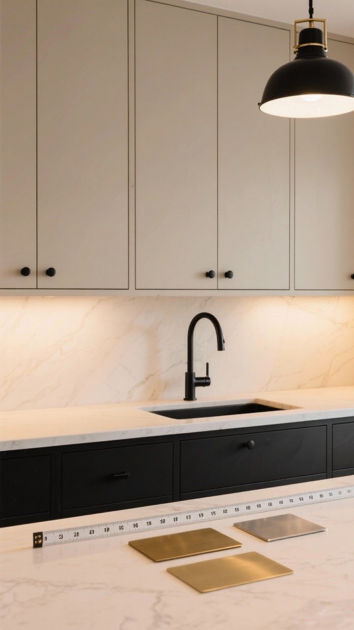 Medium shot, straight-on: Cabinet fronts showcasing a cohesive set of matching hardware in matte black against light-colored cabinet doors, with a complementary matte black faucet and pendant in frame for finish continuity. Include brushed brass and brushed nickel samples laid on a counter with a tape measure highlighting center-to-center hole spacing. Warm, even ambient lighting to emphasize finishes and a boutique feel.