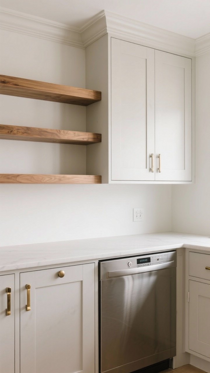 Medium shot, straight-on: Flat-front and Shaker-style cabinet mix in a minimalist kitchen with low-profile hardware in brushed nickel and aged brass tones matched to warm wood shelves; paneled dishwasher integrated to blend with cabinetry; consistent hardware scheme with one knob and one pull; clean edges with no ornate crown molding; calm, cohesive lines and soft reflections.
