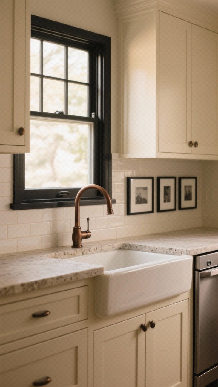 Medium shot: Subtle contrast within a beige kitchen—black-framed window washing warm light onto cream cabinets, an oil-rubbed bronze faucet with a delicate profile at a stone sink, and slim black picture frames on the backsplash wall; panel-ready appliances with a thin black trim element nearby; contrast kept minimal (10–20%); balanced, straight-on view.