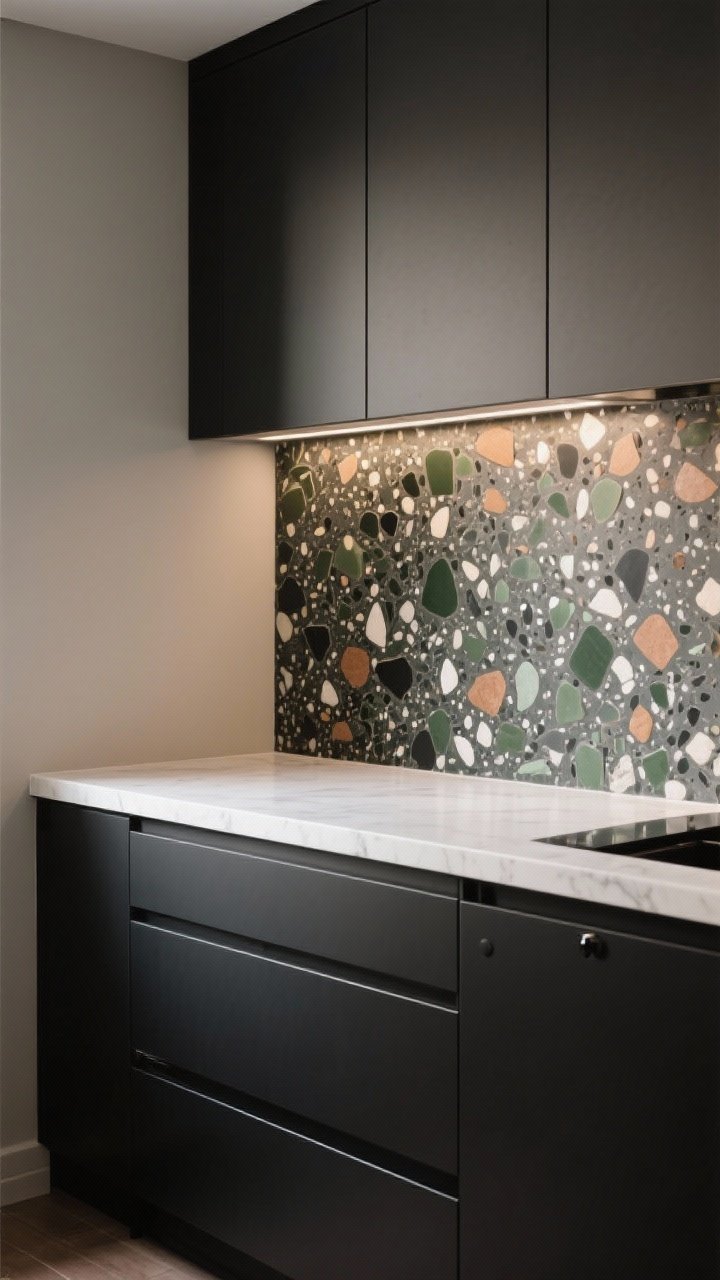 Medium shot: Terrazzo backsplash with larger, chunky aggregates in moody tones—charcoal, forest green, clay—set in a warm gray base; paired with calm, solid white quartz counters and flat-front matte black cabinets with minimal hardware. Soft, balanced lighting to highlight chips without sparkle overload; photorealistic, slight angle for depth.
