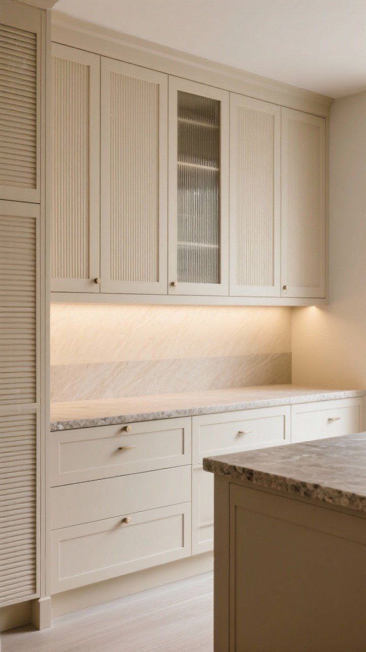 Medium shot: Textured beige cabinetry with slatted and reeded fronts in a soft warm beige, shown on a pantry wall and island; light glances off the grooves to create depth and shadow; matte finish, integrated toe-kick, and a simple stone countertop; straight-on view that highlights the bespoke look without visual clutter, with subtle under-cabinet light to accent the texture.