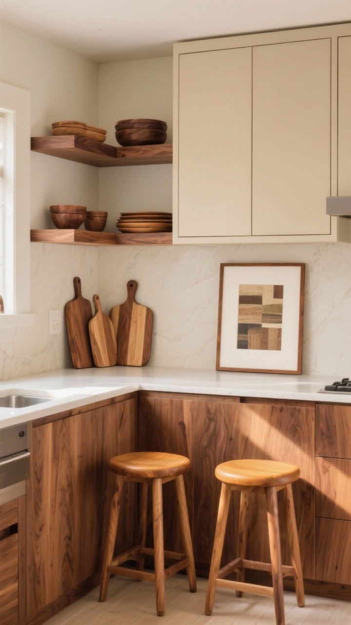 Medium shot, three-quarter angle: Coordinated wood tones in a beige kitchen—walnut open shelves styled with matching walnut cutting boards and a walnut-framed art print; beige cabinetry and walls as the backdrop; a pair of honey-toned stools tucked at the counter if warm, or swap to ash/white oak tones for a cooler scheme—pick one dominant wood tone and repeat it in at least three places; soft afternoon light to enhance wood grain.