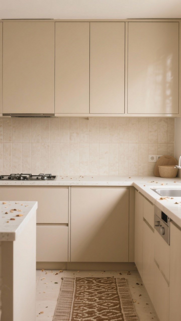 Medium shot: Ultra-livable beige kitchen scene with satin-finish cabinet doors that hide streaks, a warm-toned grout (linen/mushroom) blending with light tile, and a washable runner in earthy patterns along the prep zone; a few crumbs and smudge-resistant surfaces subtly shown to convey practicality.
