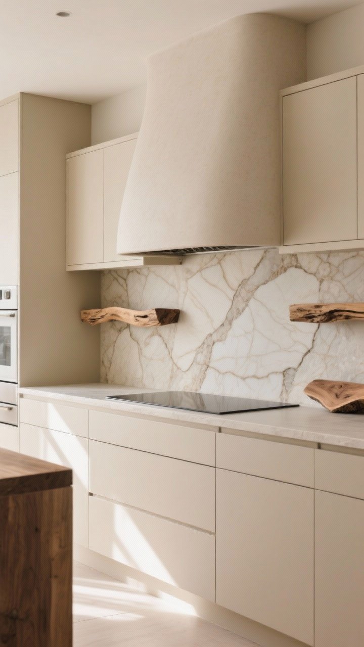 Medium shot with gentle angle: A modern beige kitchen featuring a curved plaster hood, straight-lined beige cabinetry for balance, a stone slab backsplash with soft rolling veins, and a butcher block accent or live-edge shelf introducing warmth; daylight creating a spa-like calm, natural materials front and center.