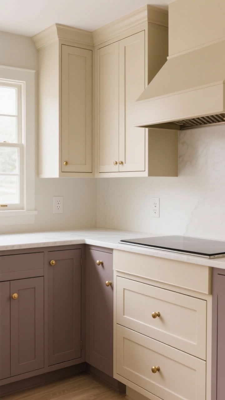 Medium, straight-on cabinetry shot: soft-matte warm beige Shaker cabinets with slim profiles; color-drenched trim and a matching range hood in the same beige; two-tone depth with deeper taupe lower base cabinets and beige uppers; color-matched caulk and outlet covers; brass slim pulls and rounded knobs; calm, evenly lit with gentle window light for a furniture-like feel.