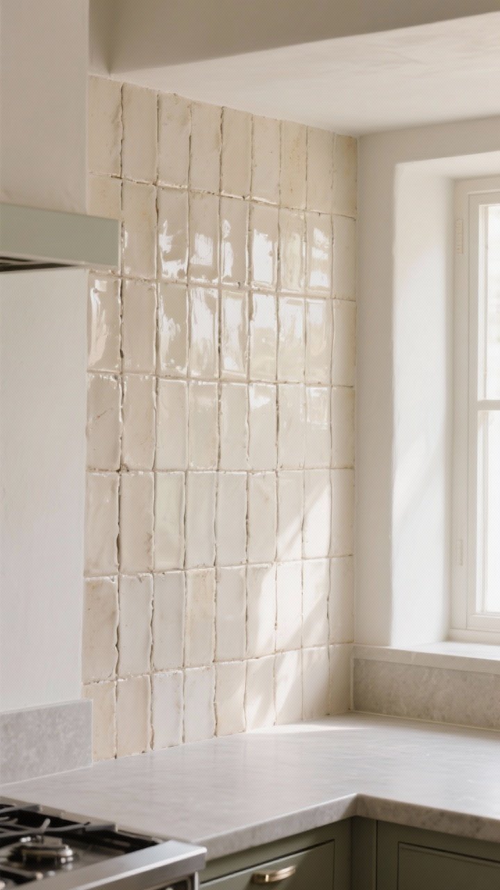 Medium straight-on kitchen vignette featuring slim rectangular handmade zellige tiles stacked vertically in a soft pearl/bone neutral with a gentle, irregular glaze sheen; tone-on-tone grout; matte honed countertop below for contrast; soft natural window light reflecting subtly off the tiles, no high gloss, artisanal texture front and center