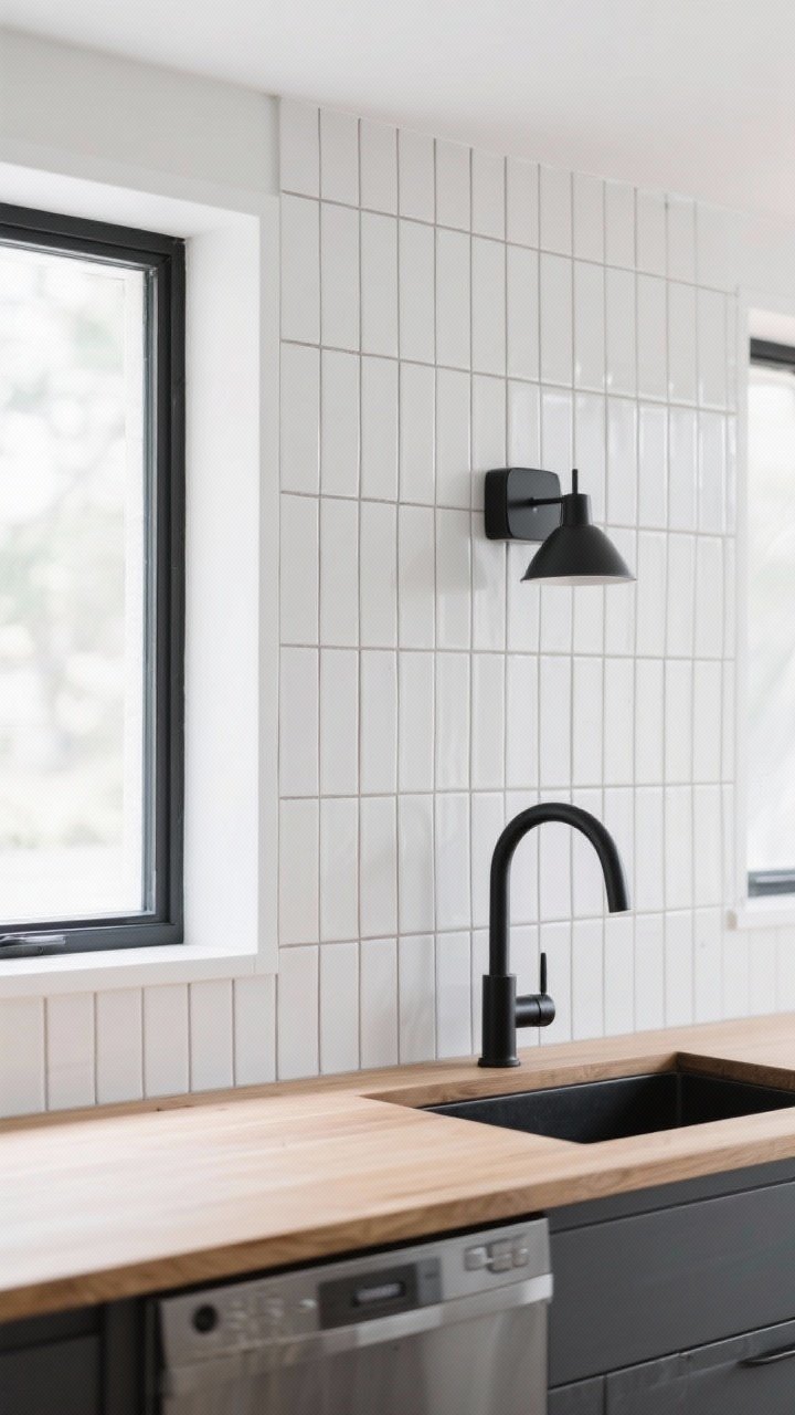 Medium, straight-on kitchen vignette of a modern subway tile backsplash installed in a vertical straight-stack pattern to the ceiling around a window, elongated matte white tiles (3x12), ultra-thin tone-on-tone grout lines for a sleek finish, Scandinavian-leaning styling with light oak counters and black minimalist faucet, matching grout for serene look, natural daylight highlighting the crisp geometry, calm neutral palette with a single black framed sconce above the window