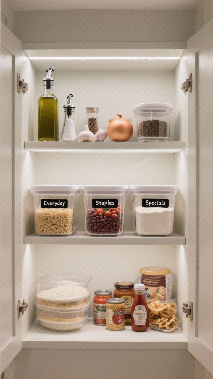 Medium, straight-on shot of a narrow pantry cabinet with three labeled bins following the 3-bin rule: Bin 1 “Everyday” with olive oil, salt, pepper, garlic, onions, coffee/tea; Bin 2 “Staples” with grains, pasta, canned beans, tomatoes; Bin 3 “Specials” with baking supplies, sauces, snacks. Clear containers decant rice and flour with simple black labels. Soft neutral shelves, clean typography labels, cool white LED strip lighting inside for visibility.