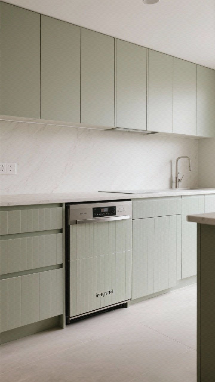 Medium straight-on shot of appliances “integrated” with peel-and-stick tricks: a dishwasher and fridge front covered in peel-and-stick paneling or vinyl wrap color-matched to surrounding cabinets; long bar pulls echoing panel-front style; surfaces carefully cleaned and wraps perfectly smooth; option for subtle contrast finish shown on one appliance; soft, even daylight showcasing continuous visual lines