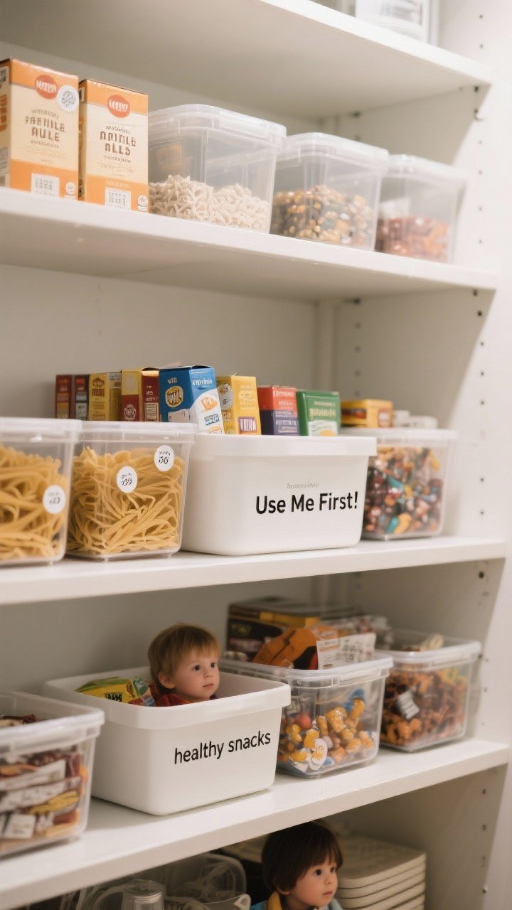 Medium, straight-on shot of pantry shelves applying fridge rules: older items front-loaded—pasta boxes with tiny round date stickers, rotating stock by purchase date; a “Use Me First” bin prominently labeled with near-expiry items; a lower shelf “healthy snacks” bin at kid eye level, with treats placed higher; clear containers and neutral bins maintain visibility; bright, practical lighting emphasizes order and accountability.