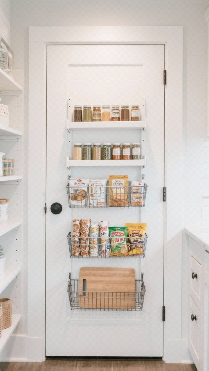 Medium, straight-on shot of the back of a white pantry door fitted with an over-the-door organizer: shallow shelves lined with spice jars so the door closes flush; wire baskets corralling small packets and baking supplies; lower tiers holding wraps, snacks, and a slim cutting board slot; no drilling hardware visible, quick-install feel; bright pantry lighting, practical and tidy mood.