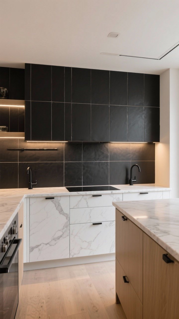 Medium, straight-on view of a backsplash in large-format matte black rectified tiles with ultra-tight grout lines, paired with pure white or marble-look quartz countertops; black fixtures and pulls tie in intentionally; warm, cozy lighting tempering the high-contrast drama; light cabinets and floors for balance; no people.