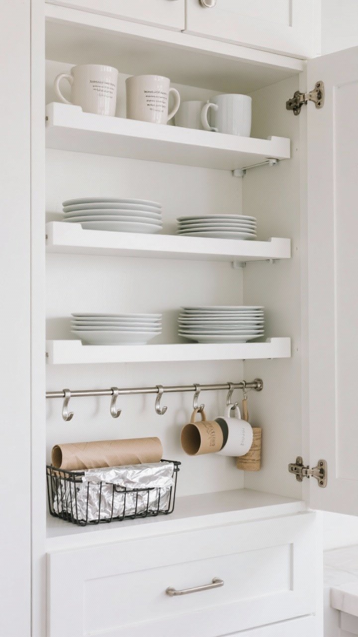 Medium, straight-on view of a cabinet interior maximizing vertical space: adjustable shelves dialed to just clear the tallest mug, white shelf risers doubling plate storage, under-shelf basket holding foil and parchment rolls, and small hooks under a shelf for hanging mugs and measuring cups. Bright, even daylight; crisp white cabinetry, chrome hooks, natural textures of paper rolls visible. Emphasis on precise spacing and no wasted inches.