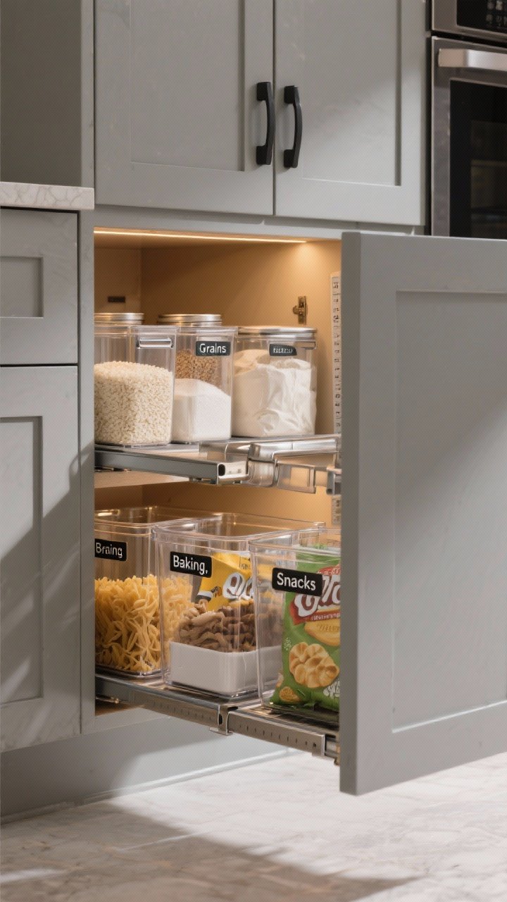 Medium, straight-on view of a deep lower kitchen cabinet outfitted with full-extension pull-out bins: clear acrylic bins with front handles sliding forward labeled “Grains,” “Baking,” and “Snacks”; visible contents like rice, pasta, flour canisters, chip bags; brushed nickel rails, warm under-cabinet ambient lighting, soft gray cabinet fronts with matte black hardware; include a measuring tape and labels on bin fronts for realism