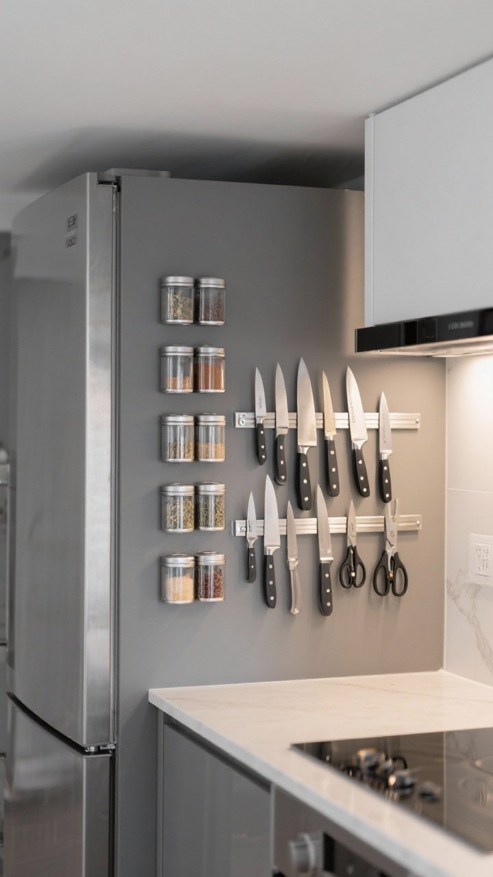 Medium, straight-on view of a minimalist kitchen wall and fridge side: a stainless steel magnetic knife strip mounted with invisible adhesive holding a tidy array of chef’s knives and shears; on the matte gray fridge side, a grid of labeled stainless magnetic spice tins (8–10) with clear lids, away from the stove; clean counters, soft side lighting, cool metal textures emphasized, modern and safe vibe.