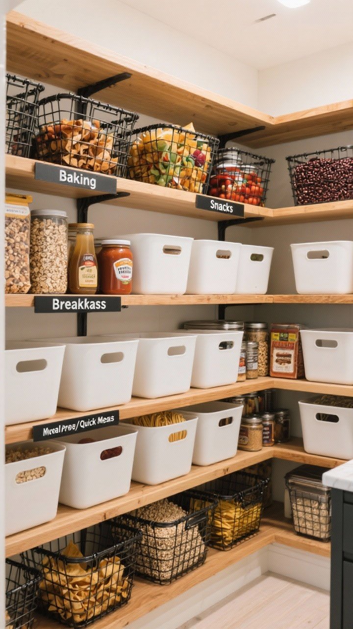 Medium, straight-on view of a pantry organized into labeled zones using bins and baskets: Baking, Breakfast, Snacks, Canned + Jars, Grains + Pasta, and Meal Prep/Quick Meals; each category grouped in separate containers with bold front-facing labels; cereals, oats, nut butters, syrups, granola; bars, chips, dried fruit; beans, tomatoes, sauces; rice, quinoa, noodles; broths and spice kits; warm wood shelving, matte black wire baskets mixed with white plastic bins for contrast; bright, even lighting for high visibility; a practical, orderly mood.